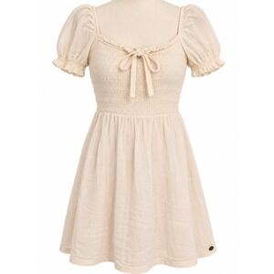 Roxy Hello Mini Again Dress Small Cream Smocked Puff Sleeve Boho Cottagecore New